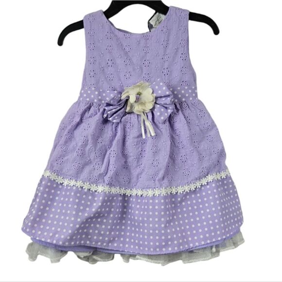 Rare Editions Baby Girl Eyelet Dress Purple Embroidered Polka Dot Flower Trim - Picture 1 of 9